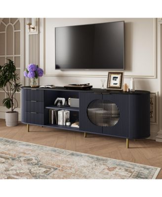 69" Curved Media Console for TVs Up to 80", Modern Entertainment Center with Wavy Acrylic Doors and Spacious Storage for Living Room