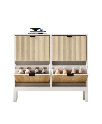 Fluted Shoe Cabinet with 4 Flip Drawers, White and Oak, Slim Entryway Storage with Metal Legs