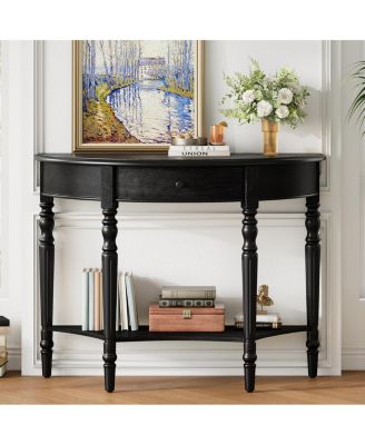 Farmhouse Half Moon Console Table with Drawer And Shelf