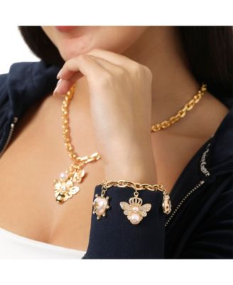 Pearl & Icon Charm Bracelet, Gold Tone Link with Faux Pearls