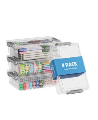 4 Pack Plastic Pencil Case Clear Stackable Organizer Art Supply Storage Box Colorful