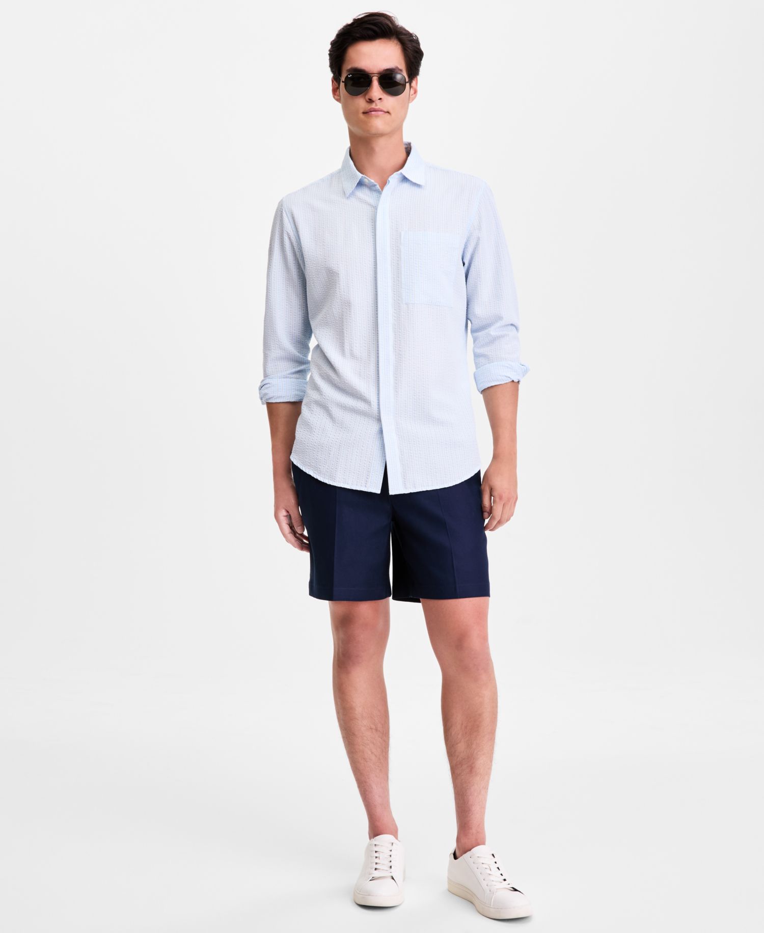 Men's Long-Sleeve Puckered Stripe One Pocket Shirt, Macy's Exclusive