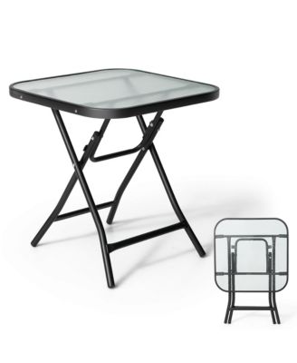 18'' Foldable Patio Side Table Square Coffee Bistro Table w/ Tempered Glass Table Top