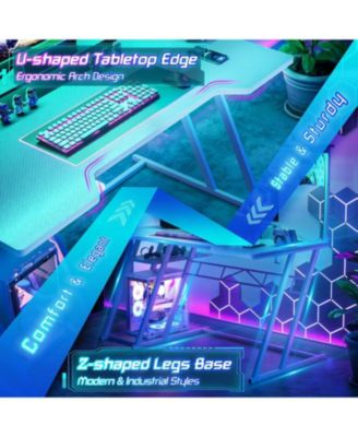 55'' Gaming Desk - Cumputer Desk with Hutch, Outlets, and LED Lights