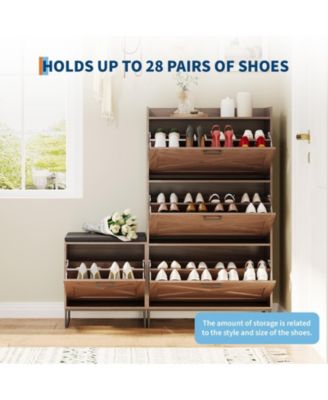 Farmhouse Shoe Cabinet with 4 Flip Drawers and Upholstered Bench, Walnut Entryway Storage