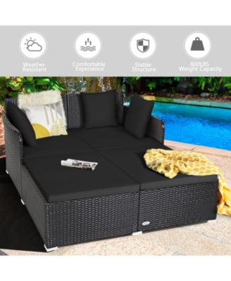 Outdoor Rattan Daybed with Upholstered Cushions and Pillows