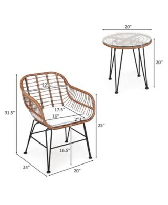 3-Piece Patio Rattan Bistro Set with Cushioned Armchairs