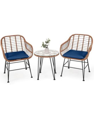 3-Piece Patio Rattan Bistro Set with Cushioned Armchairs