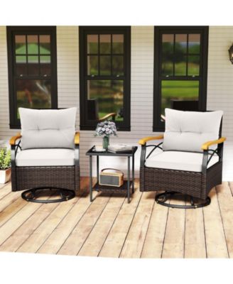 3-Piece Outdoor Swivel Wicker Chair Set with Tempered Glass Side Table