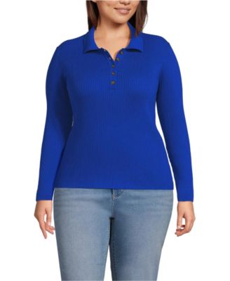 Plus Size Cotton Ribbed Long Sleeve Polo Sweater