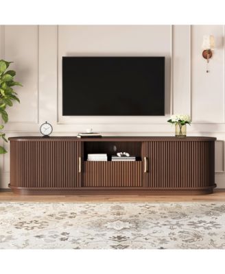 Fluted Entertainment Center for TVs Up to 75 Inches, Farmhouse Style Media Stand with Sliding Wood Slatted Doors and Drawer for Living Room