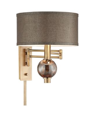 Modern Swing Arm Wall Lamp Painted Polished Brass Plug-In Light Fixture Dark Taupe Drum Shade for Bedroom Living Room