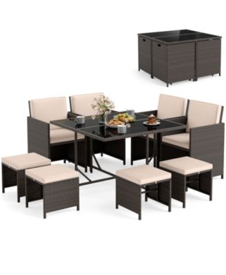 Set Of 9 Patio Dining Set with Tempered Glass Table and Ottoman Removable Cushions