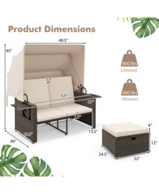 Outdoor Patio Rattan Daybed with Retractable Canopy and Backrests