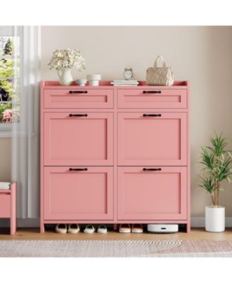 Shoe Cabinet with 4 Flip Drawers & 2 Top Drawers, Wooden Shoe Organizer Cabinet with Adjustable Shelf, Freestanding Shoe Storage Cabinets