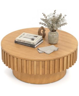 Modern Round Wooden Drum Coffee Table with Hidden Storage Compartment