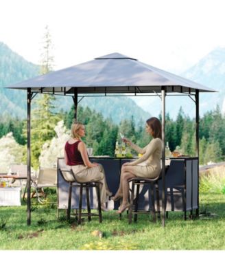 3-Piece Patio Bar Set with 8 x 8 FT Double-Tier Grill Gazebo and 2 Bar Stools