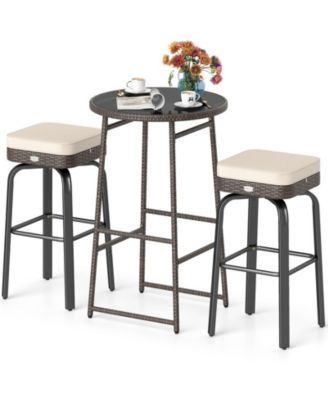3-Piece Outdoor Swivel Bar Set with PE Rattan Bar Height Table and 2 Chairs