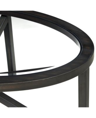 Modern Round Tempered Glass Outdoor Coffee Table with Solid Wood Base