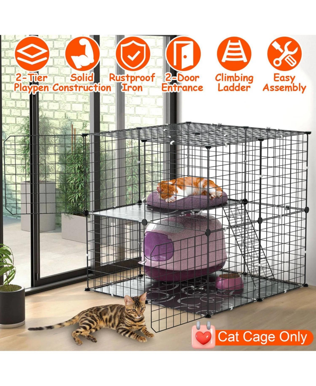 Zeus & Ruta 2 Tier Cat Cage Indoor Enclosure with Detachable Design, 2 Doors, Climbing Ladder for 1-2 Kittens