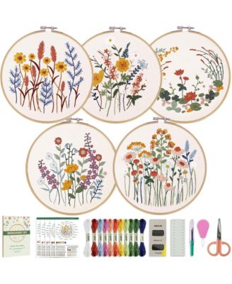 5 Pack Beginner Embroidery Kit Adults Floral Patterns Hoop Threads Tools