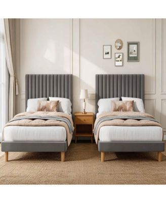 Set of 2 Velvet Upholstered Platform Beds with Adjustable Tufted Headboard – Vertical Channel Design, No Box Spring Needed