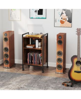 Mobile Record Player Stand with Power Outlet Storage
