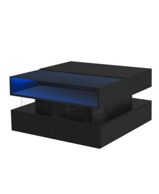 Modern Square Lift-Top Coffee Table with 2 Drawers, Hidden Storage, LED Lighting and High-Gloss Surface for Living Room