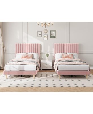 Set of 2 Velvet Upholstered Platform Beds with Adjustable Tufted Headboard – Vertical Channel Design, No Box Spring Needed