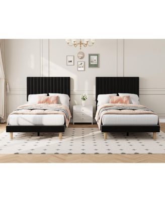 Set of 2 Velvet Upholstered Platform Beds with Adjustable Tufted Headboard – Vertical Channel Design, No Box Spring Needed