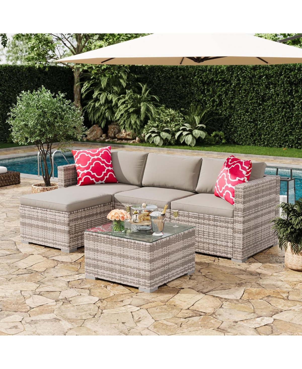 gaomon 5-Piece Patio Conversation Set with Glass Storage Table