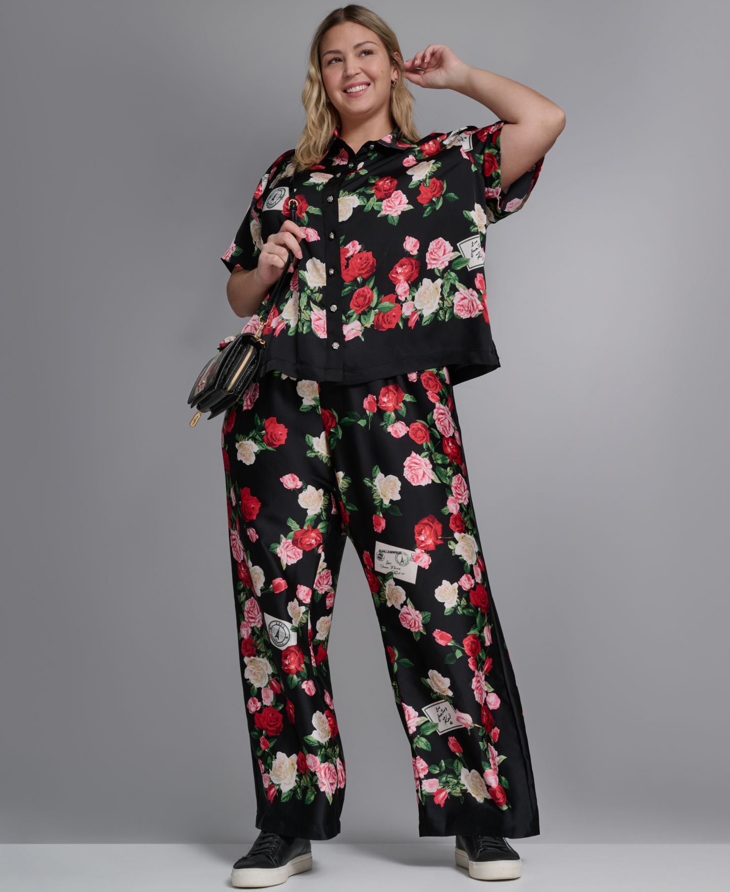 Женские брюки KARL LAGERFELD PARIS Plus Size Mid-Rise Floral-Print Pull-On, цвет: Чёрный разноцветный — фото 8