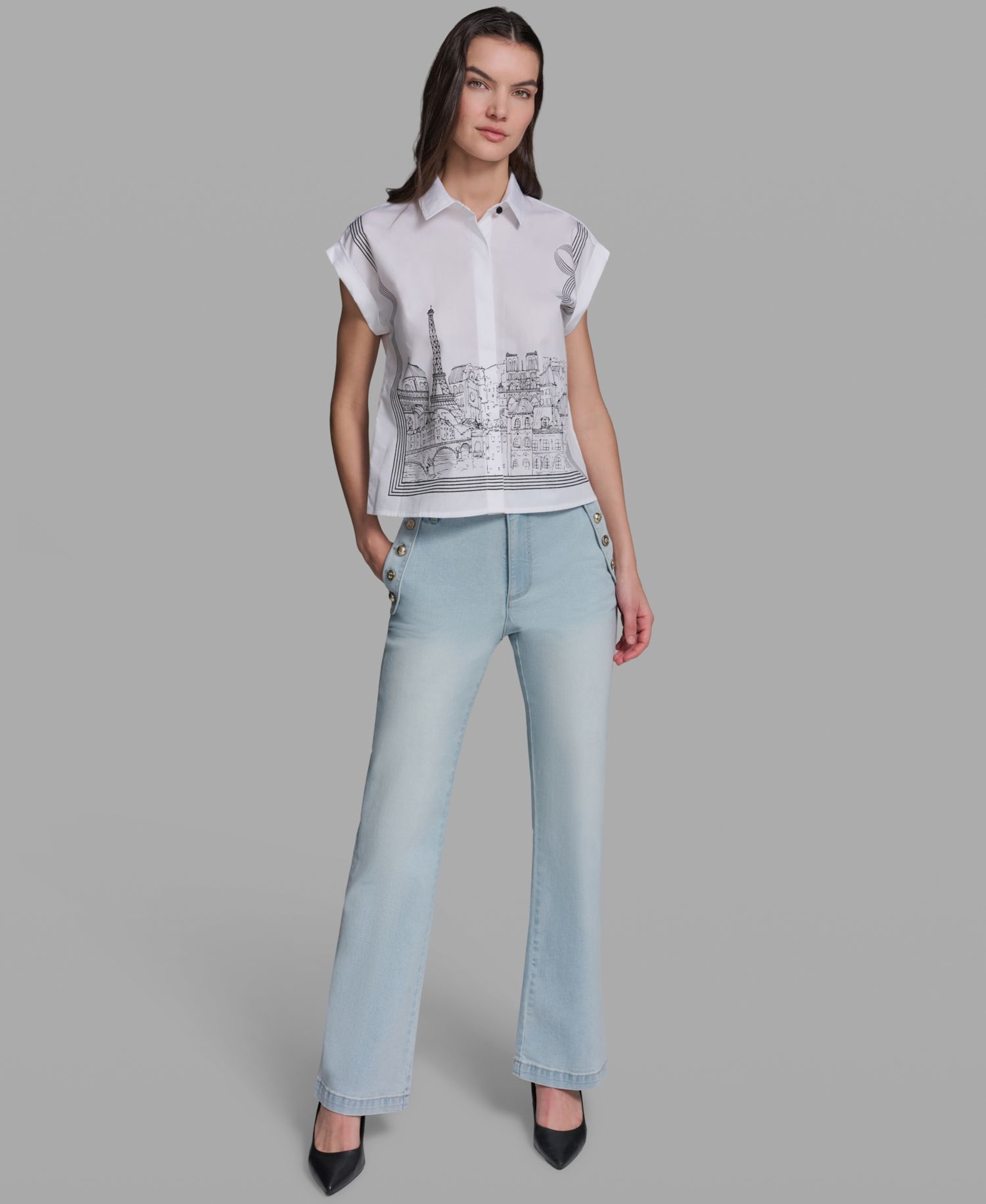 Petite Bow Scenic Poplin Collared Shirt
