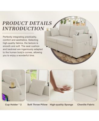 Loveseat Sofa, 67" Chenille 2-Seater Couch - Storage, USB Charging, Cup Holder and Wood Frame for Living Room, Apartment