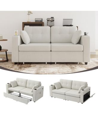 Loveseat Sofa, 67" Chenille 2-Seater Couch - Storage, USB Charging, Cup Holder and Wood Frame for Living Room, Apartment