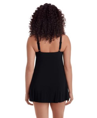 Women's Solid Black Ruffle Front Long Torso Swim Dress