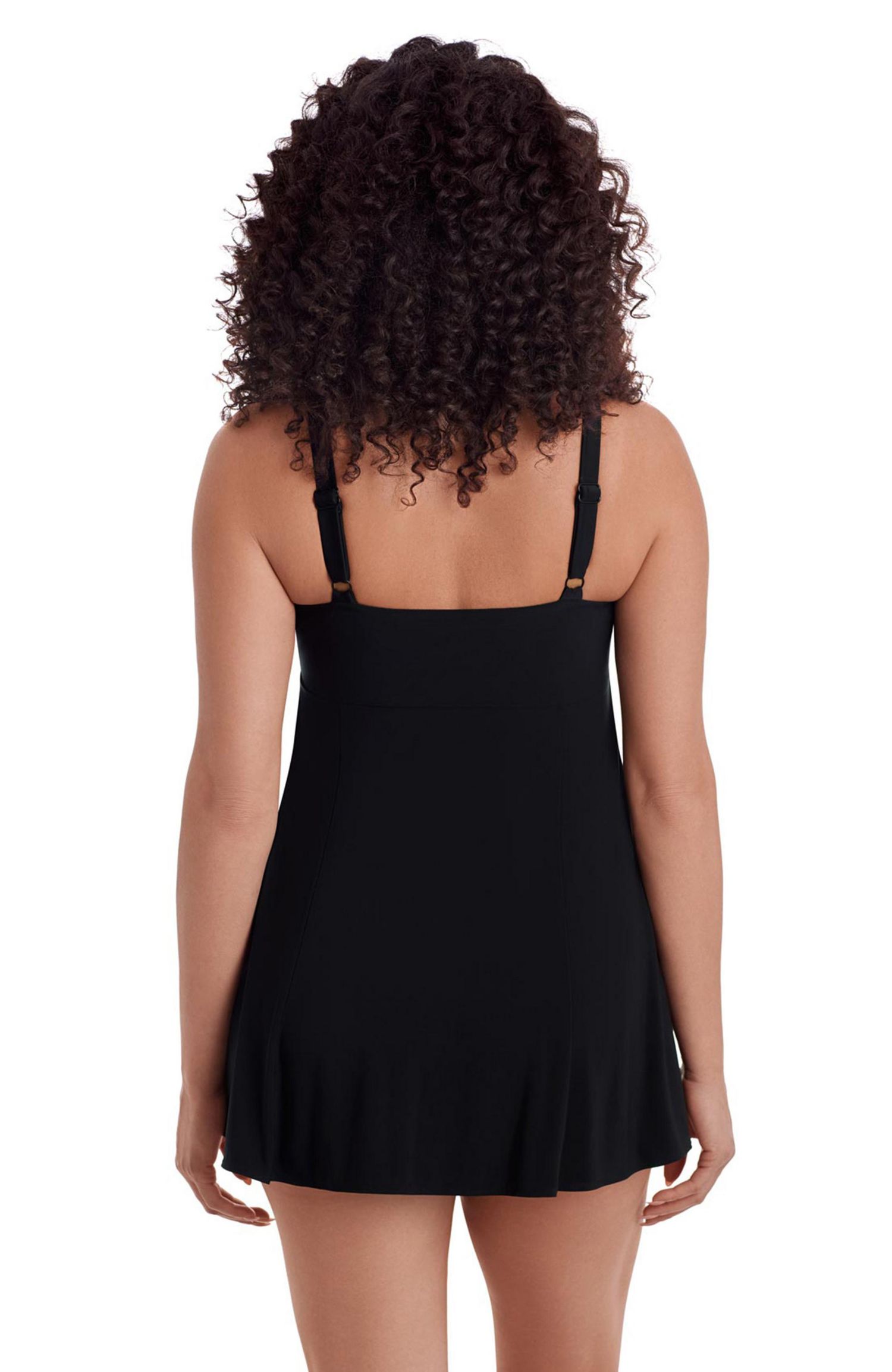 Women's Solid Black Ruffle Front Long Torso Swim Dress