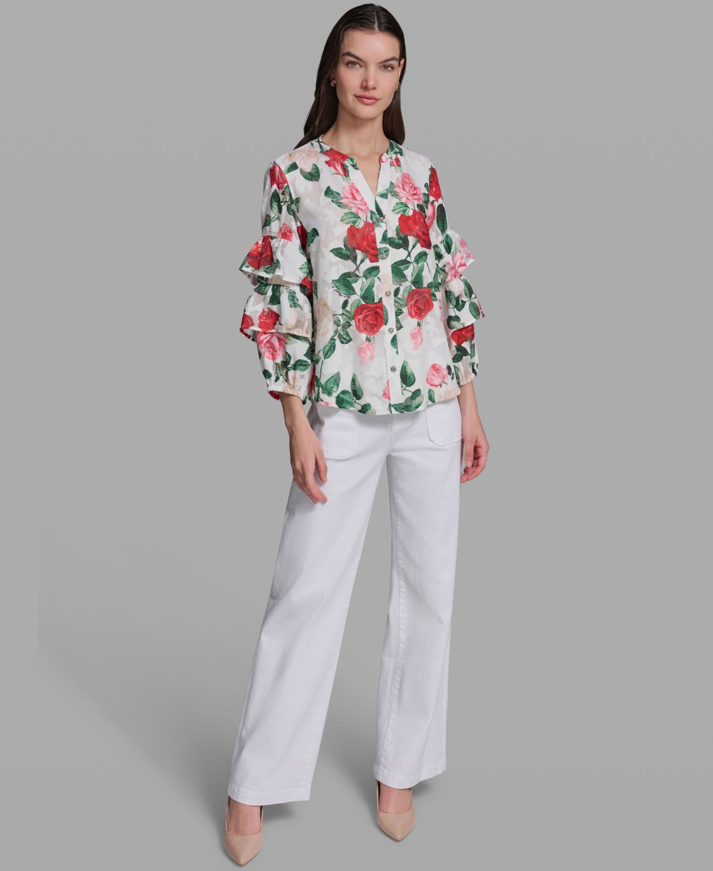 Женская блузка KARL LAGERFELD PARIS Petite Ruffle-Sleeve Rose Print Blouse, цвет: Мягкий белый разноцветный — фото 2