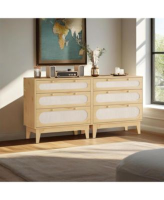 Modern Rattan 3 Drawer Dresser, Sturdy Wood Chest, Spacious Storage for Hallway, Closet, Bedroom