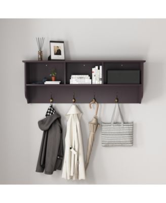 Wall Mounted Entryway Coat Rack 4 Dual Hooks Wooden Storage Shelf