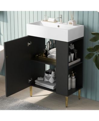 21.6" Bathroom Vanity with Ceramic Sink, Bathroom Storage Cabinet with Right Side Storage