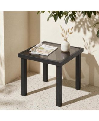 Outdoor Square End Table, Patio Side Table with Water-Resistant Glass Top, Metal Frame Accent Table for Balcony, Garden, Porch