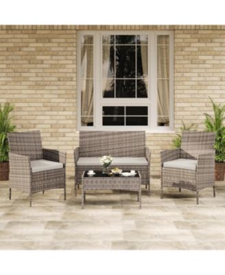 4-Piece Patio Furniture Set, Rattan Outdoor Furniture with Upholstered Sofa, 2 Chairs and Coffee Table, Modern Conversation Bistro Set
