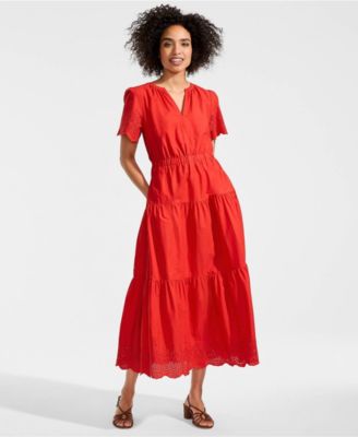 Women's Tiered Cotton Poplin Eyelet Maxi Dress