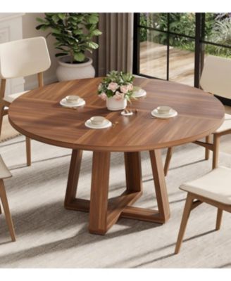 Dining Table for 4-6 People, Circle Kitchen Table with Cross Base, Farmhouse Wood Dinner Table for Apartment, Walnut Brown