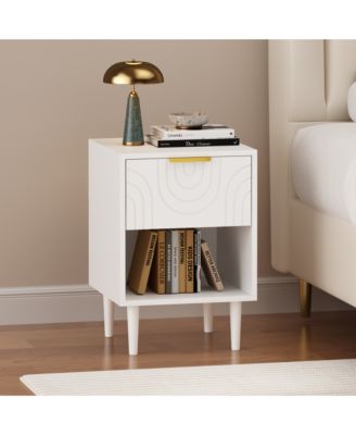 Modern White Nightstand with Gold Handle One Drawer and Open Shelf