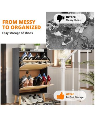 Rattan Shoe Cabinet with 2 Flip Drawers, 9.25 Inch Depth, Slim Entryway Storage