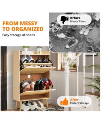 Rattan Shoe Cabinet with 2 Flip Drawers, 9.25 Inch Depth, Slim Entryway Storage