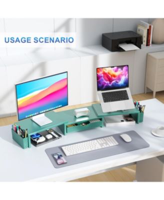 Dual Monitor Stand Riser Desk Organizer Drawer 2 Pen Holders Shelf