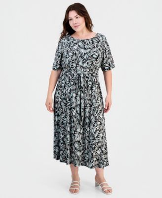 Plus Size Printed Elbow-Sleeve Midi Dress